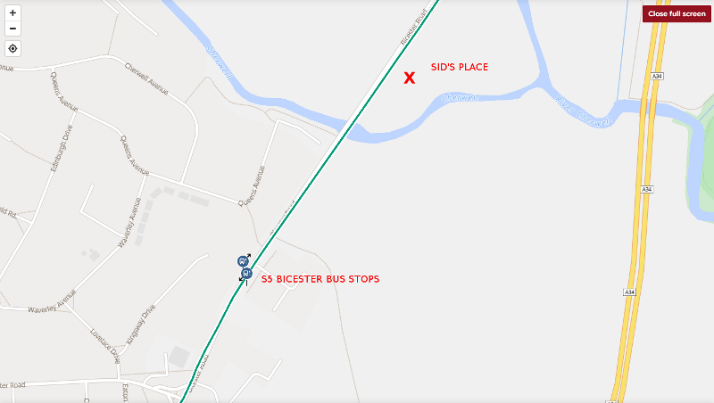 Map showing the location of SID's land and bus stops for the Bicester bus 